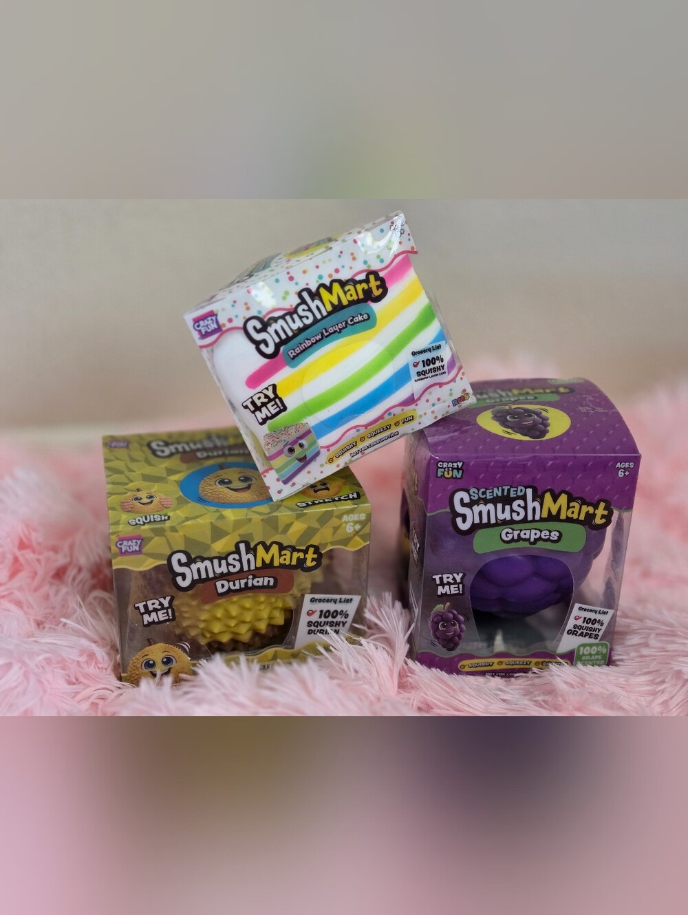 SMUSHMART DURIAN, SMUSHMART RAINBOW CAKE, SMUSHMART GRAPES LOT